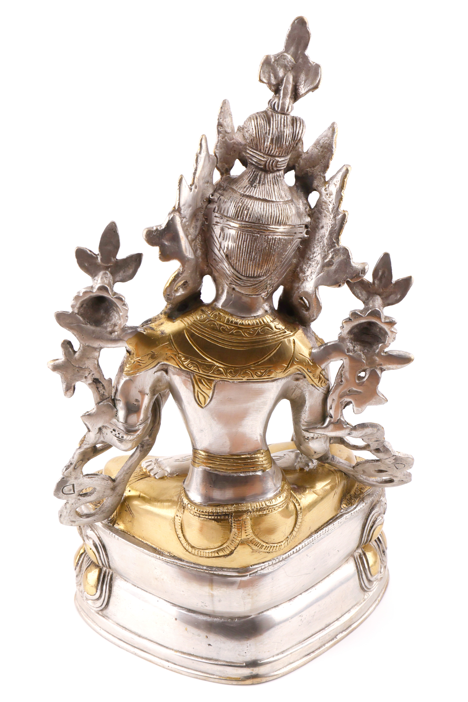 Weiße Tara Statue auf hellem Hintergrund, von hinten fotografiert