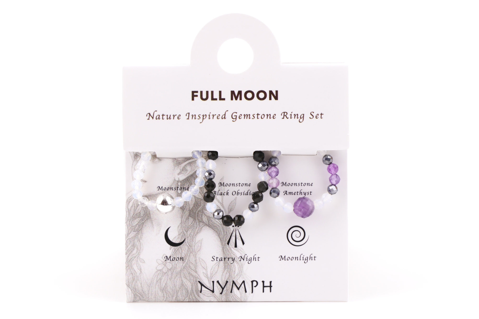 Nymph Edelsteinring-Set – Vollmond.
Drei Edelsteine – drei Facetten des Nachthimmels
Jeder Ring besitzt seine eigene Präsenz und kann einzeln oder im Set getragen werden
