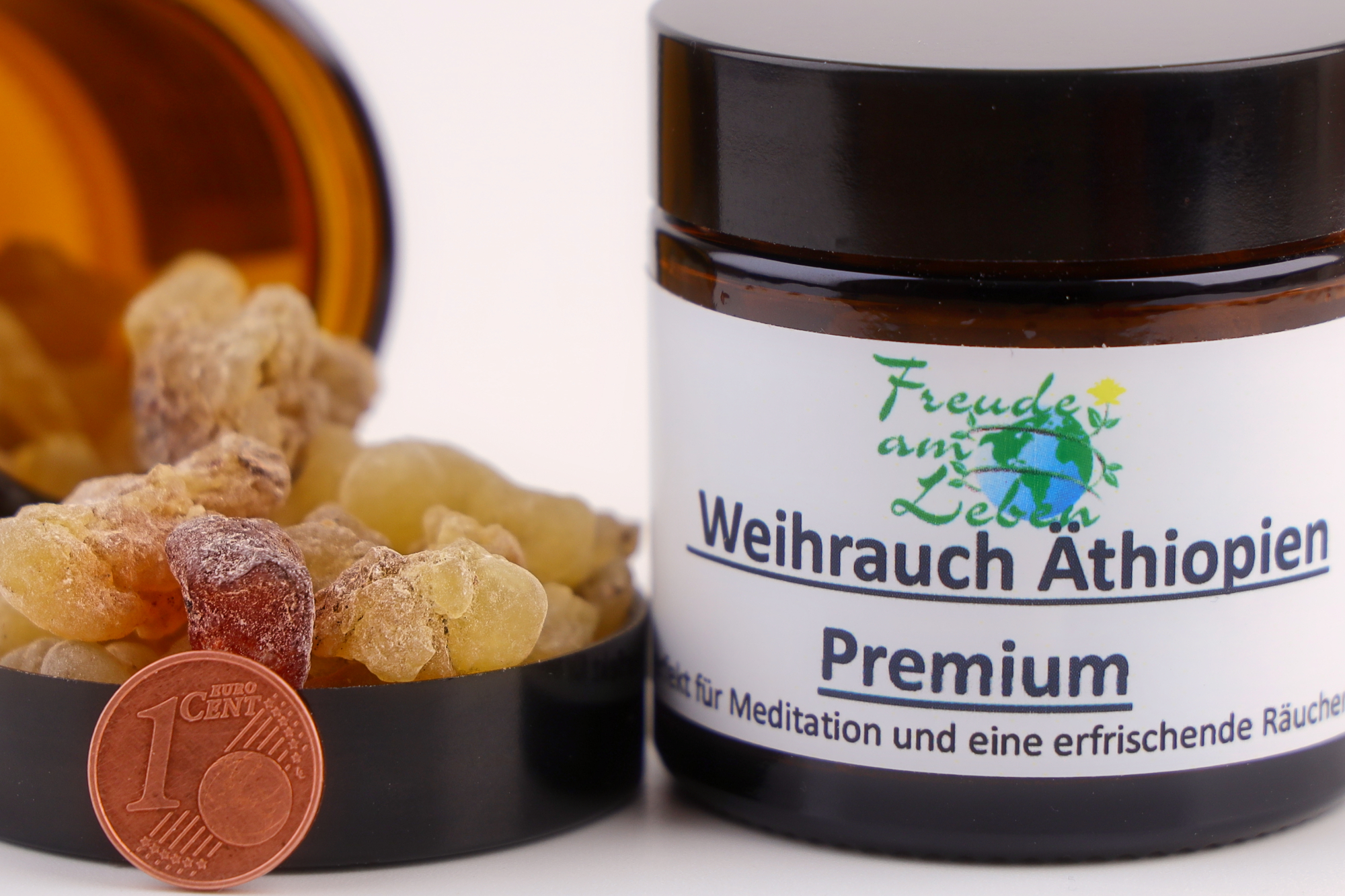 Ein etikettiertes Schraubglas mit Weihrauch Äthiopien Premium.